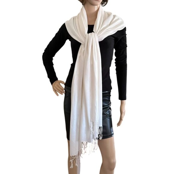 White Lightweight Elegant Pashmina Shawl Wrap Scarf With Fringe For Women - Picture 5 of 8